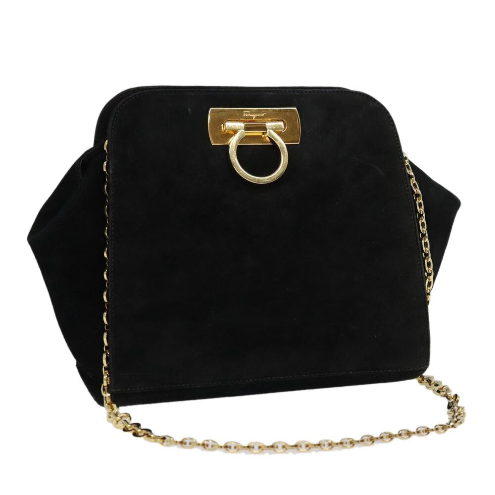 Salvatore Ferragamo Gancini Chain Shoulder Bag Suede Black Gold